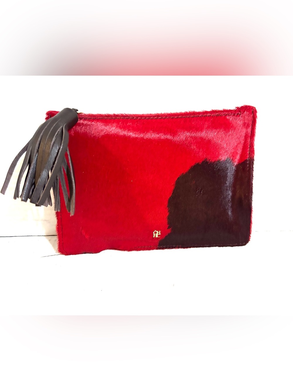 Carolina Herrera Red and Black Haircalf Clutch with Tassel